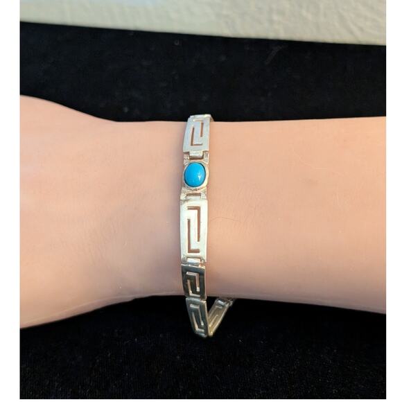 925 Sterling Silver Turquoise Graduated Greek Key Bracelet - Picture 1 of 10